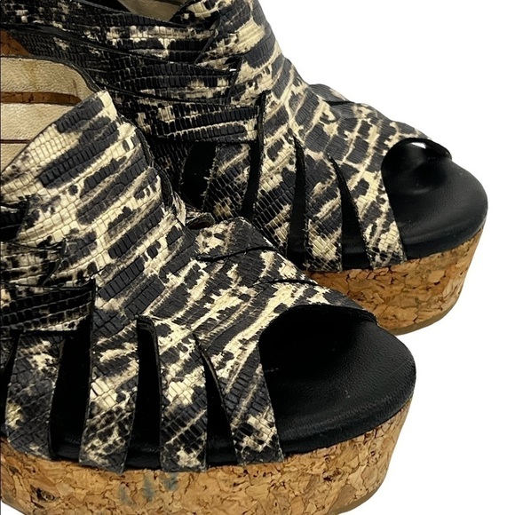 Jimmy Choo Women’s Snakeskin Embossed Leather and Cork Slide Wedge Sandals - Picture 12 of 16